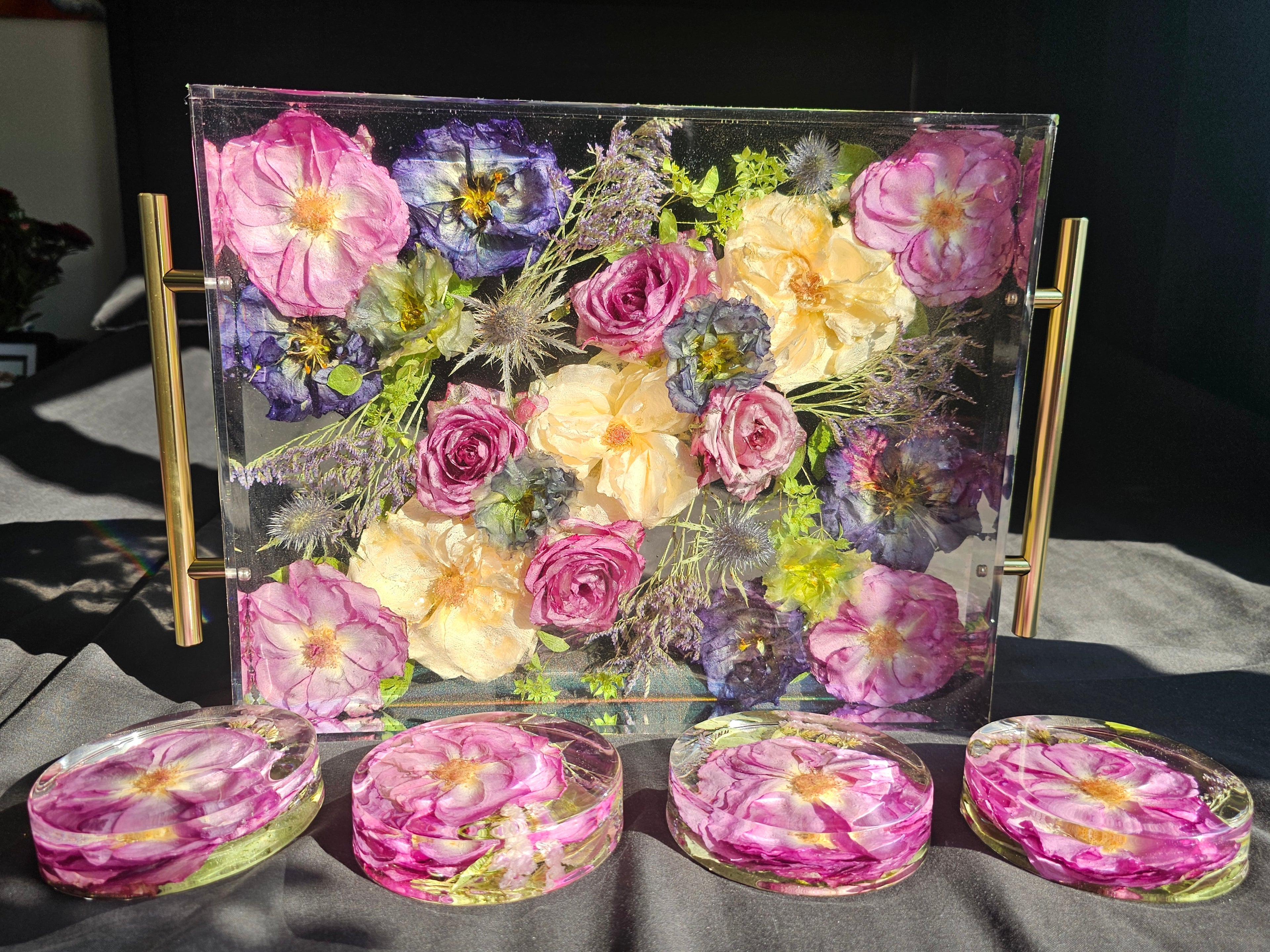 Custom resin flower keepsakes handcrafted by Alma Makes using real dried flowers