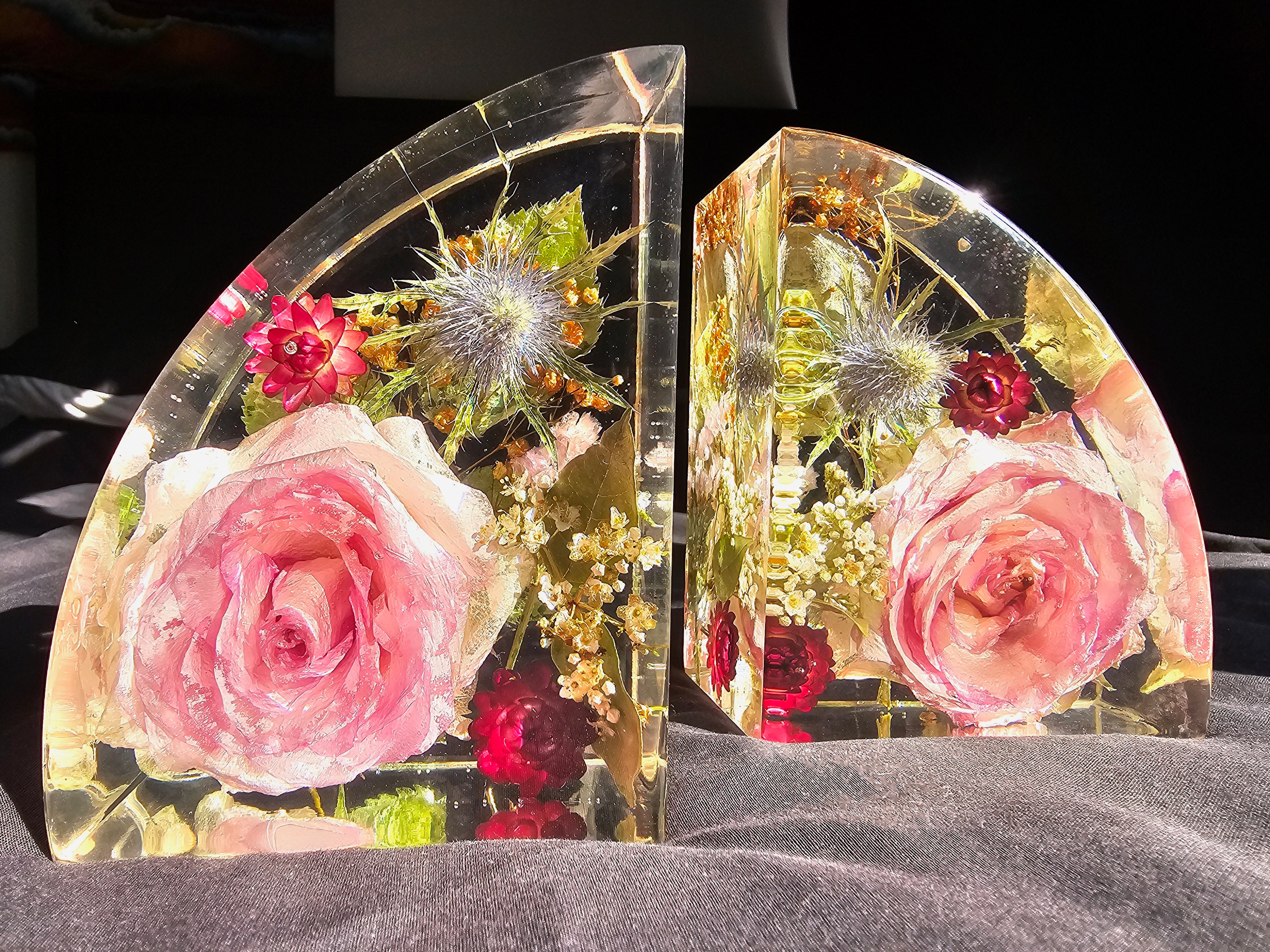Preserved bridal flowers in clear resin bookends – bespoke memory keepsake by Alma Makes