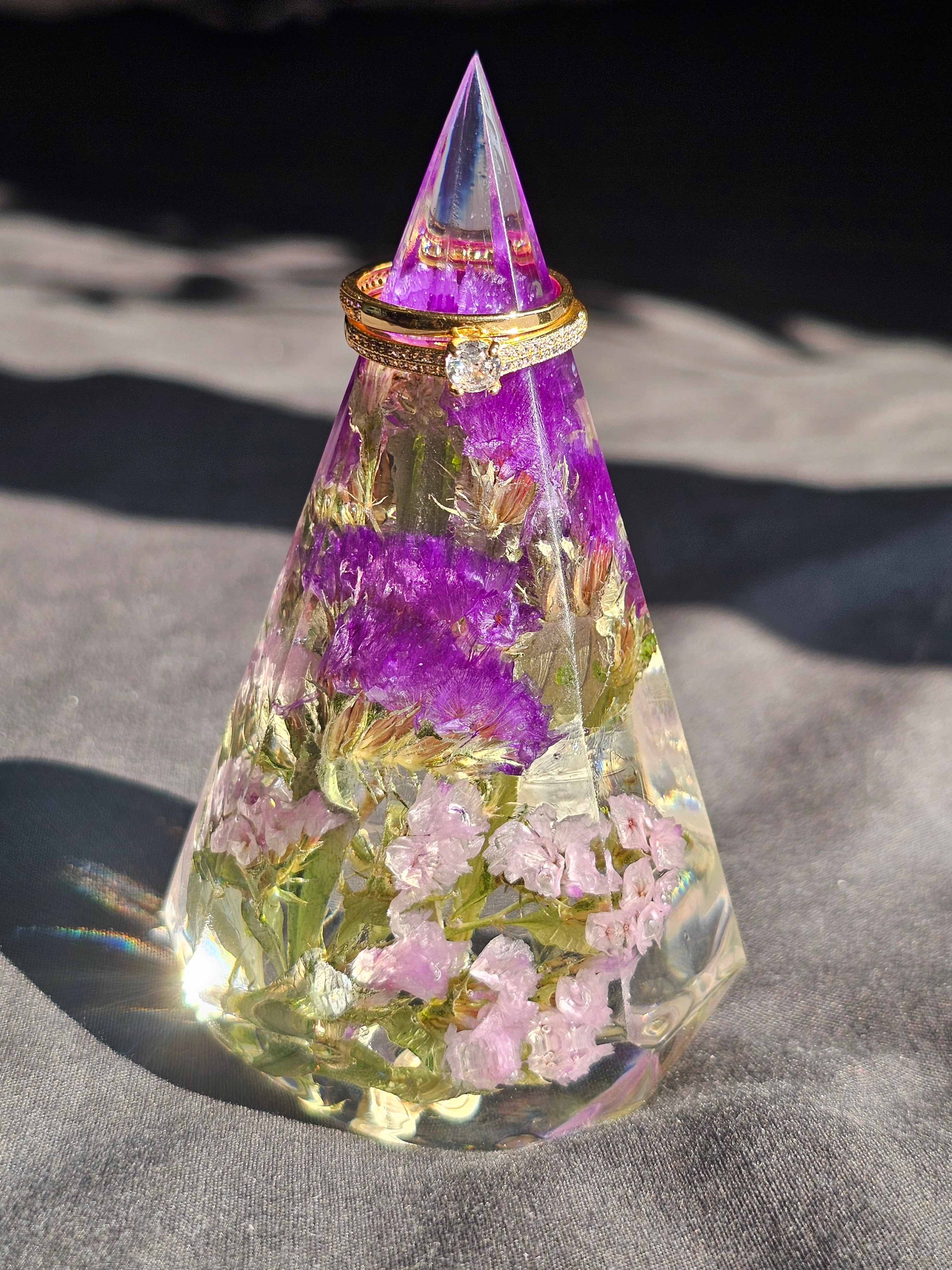 Preserved bridal bouquet flowers in purple resin ring holder – wedding keepsake by Alma Makes in UK