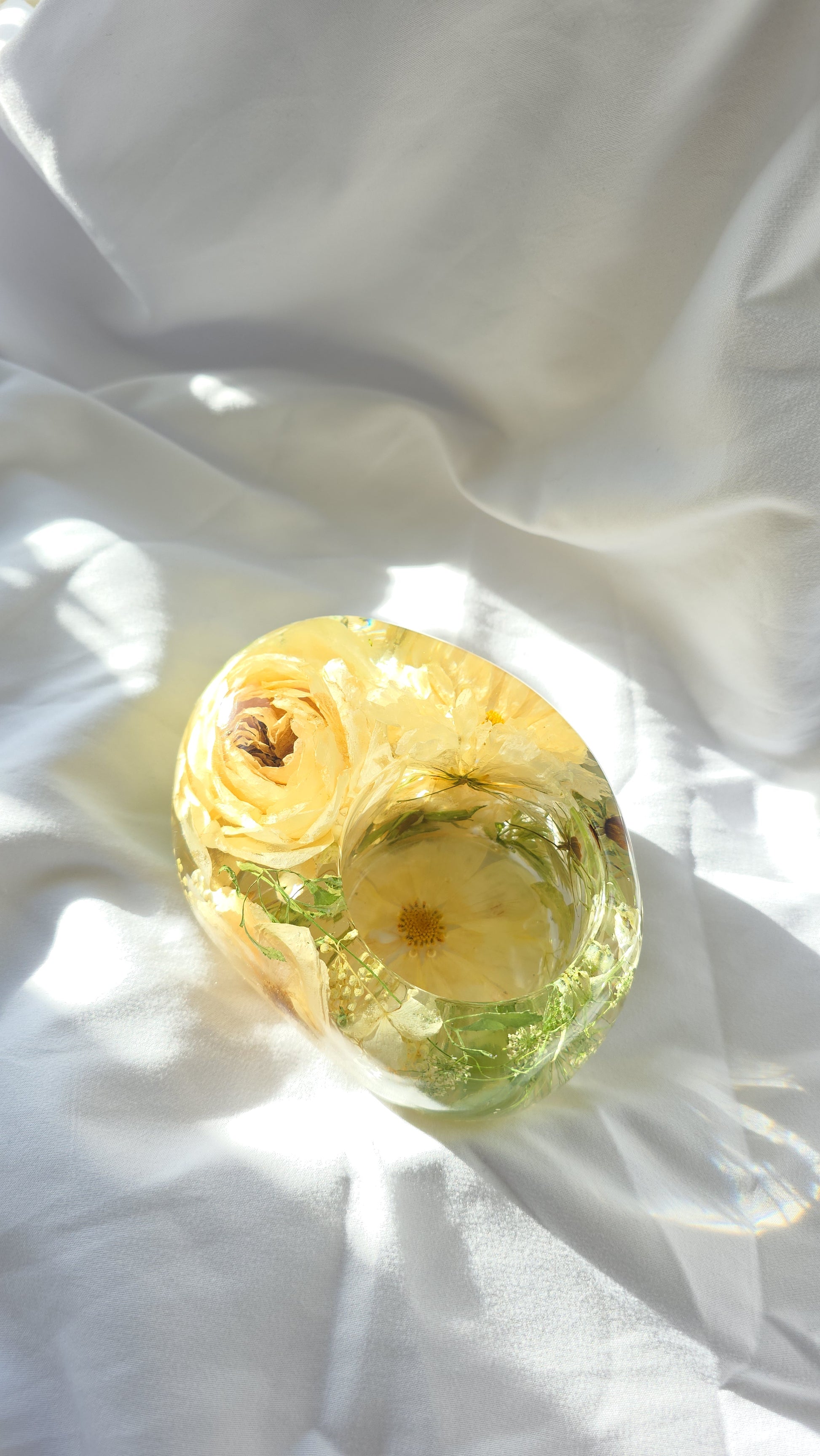 Resin candle holder with preserved flowers set in clear resin, handmade floral keepsake by Alma Makes