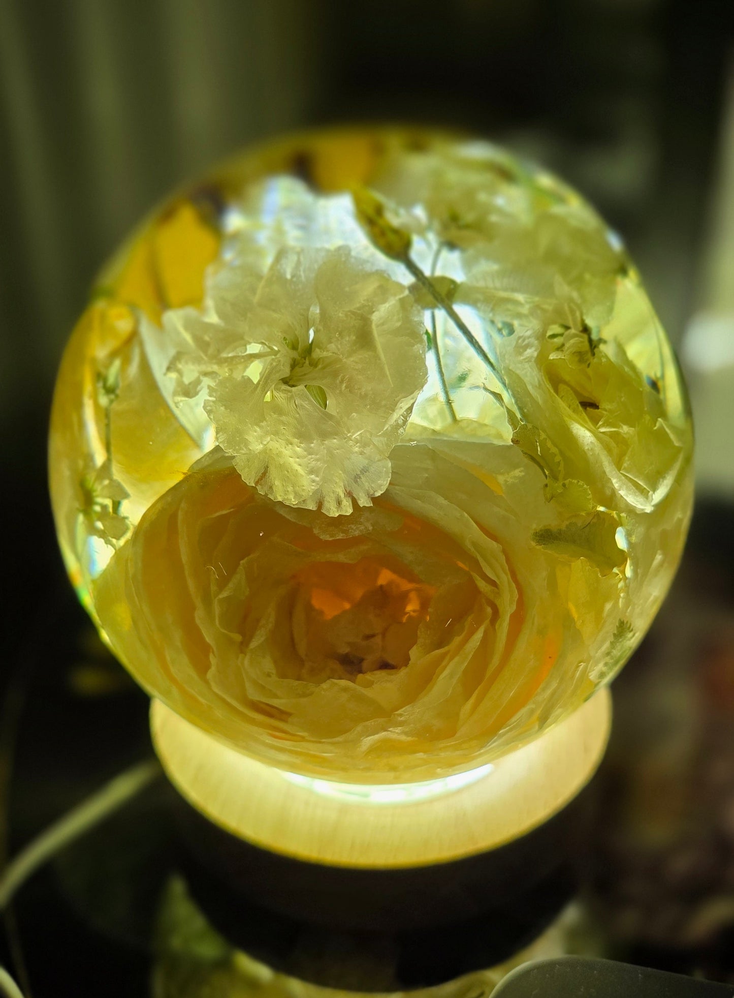 Memorial flowers preserved in a 5" resin sphere with lamp base keepsake