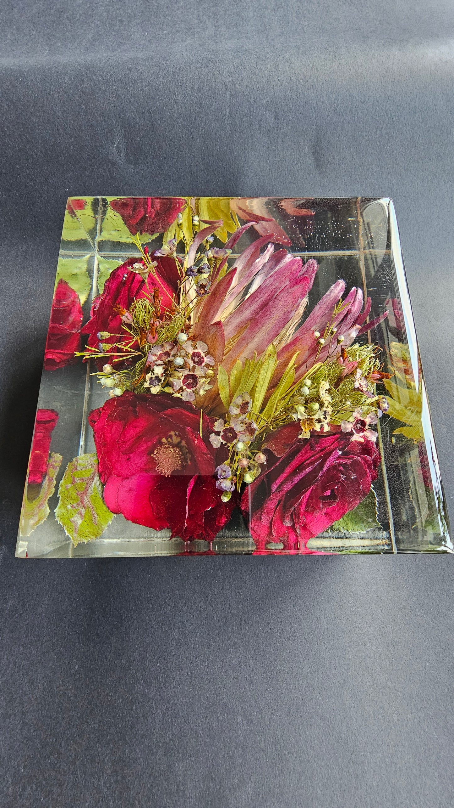 6X6 wedding bouquet preserved in a clear resin block , handmade by Alma Makes