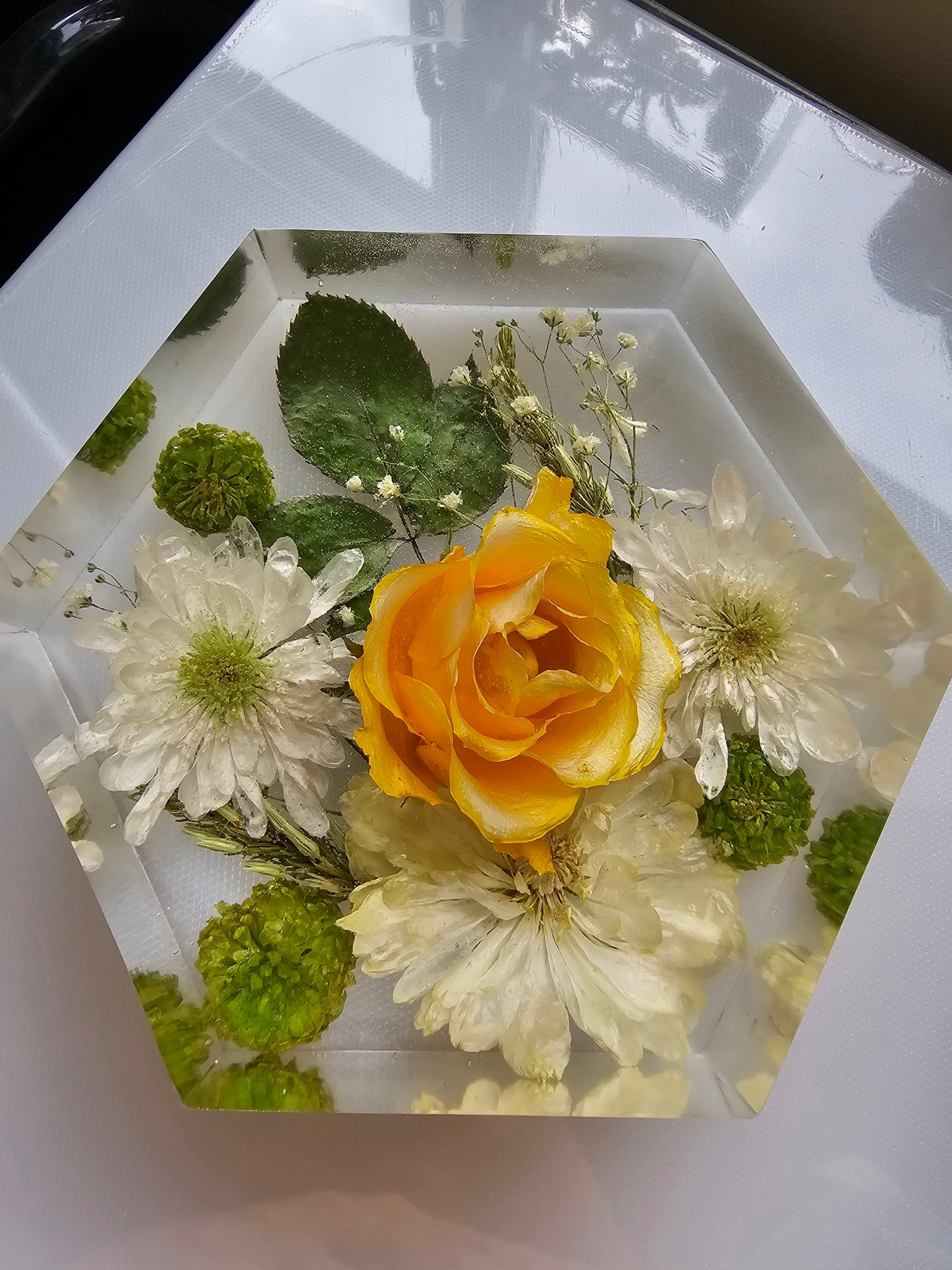 flowers preserved in a 6x6 hexagon keepsake