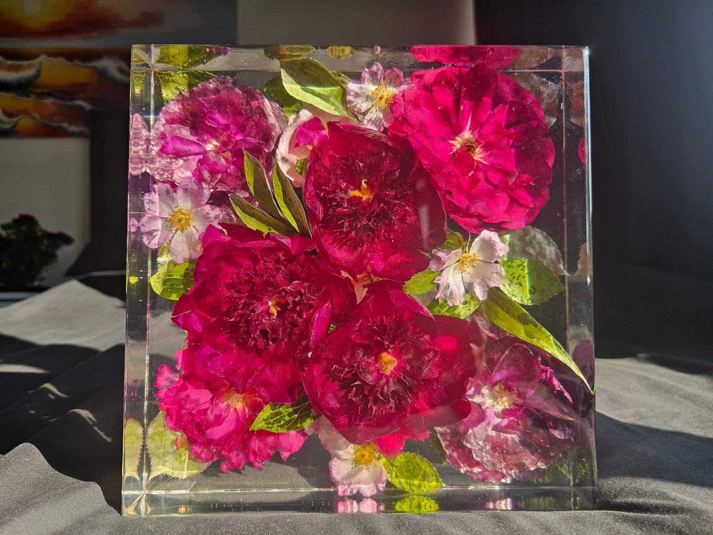 8X8 wedding bouquet preserved in a clear resin block , handmade by Alma Makes