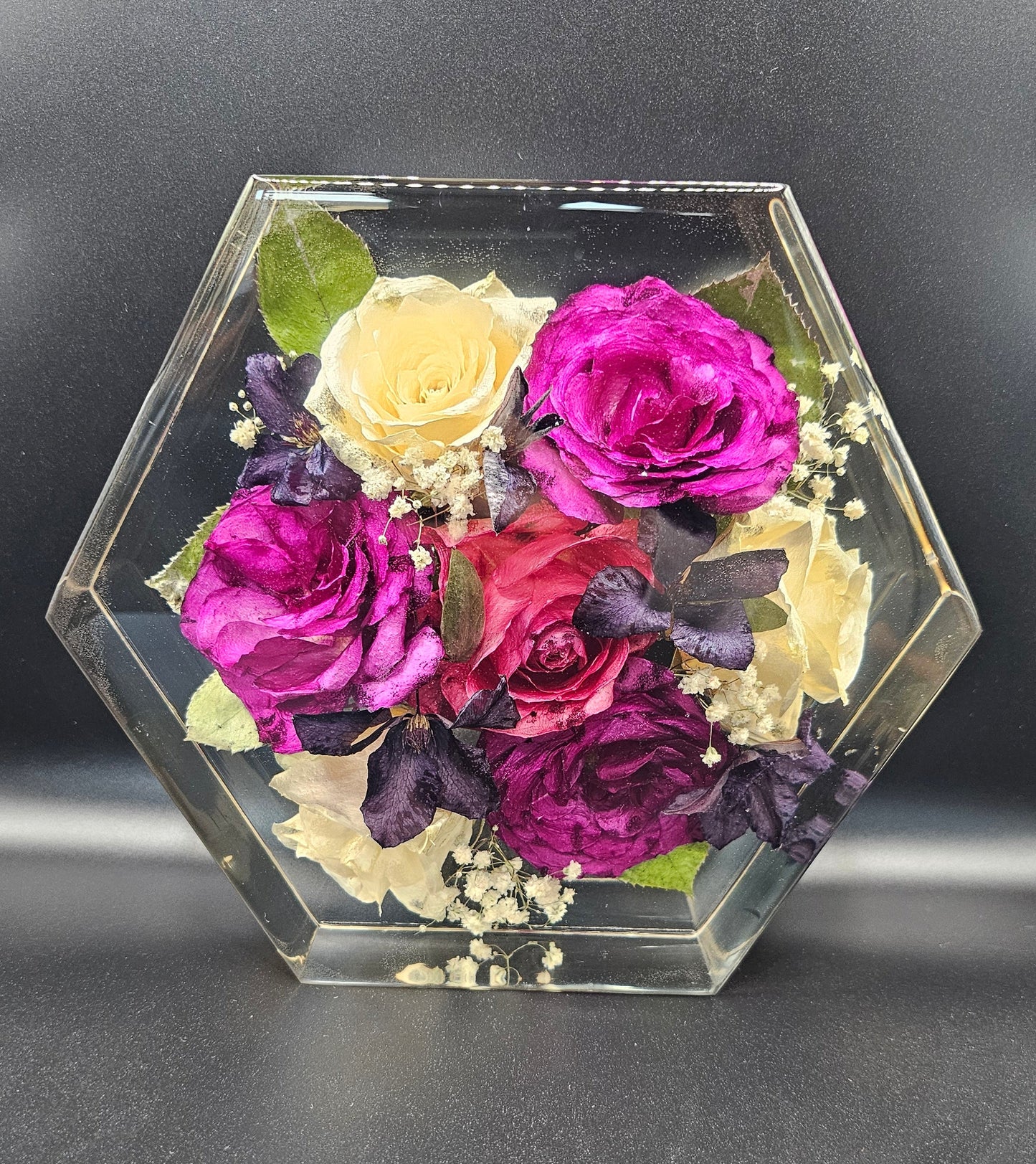 Wedding flowers preserved in a 8x8 resin keepsake