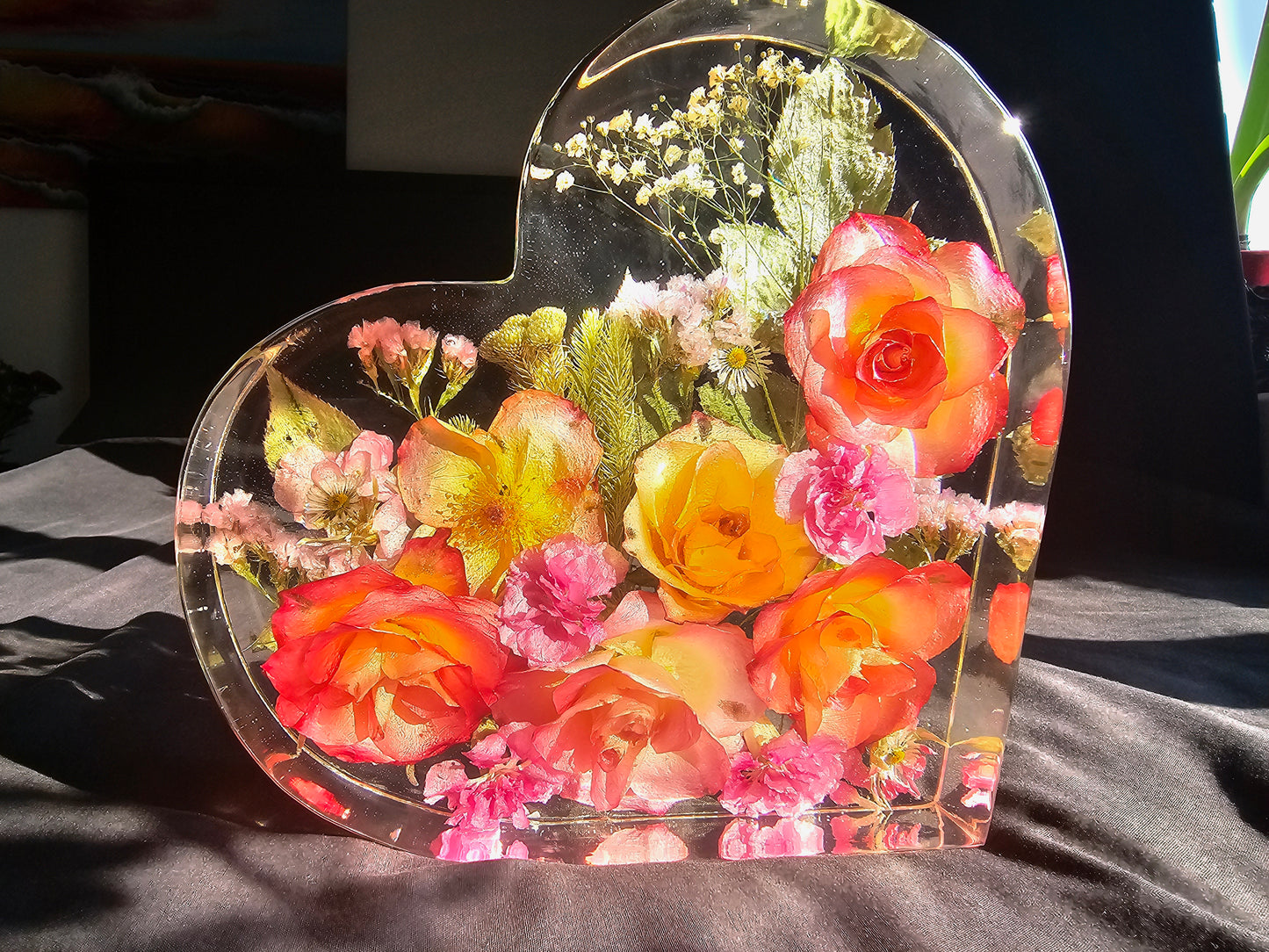 Wedding bouquet preserved in a heart-shaped resin block , handmade by Alma Makes