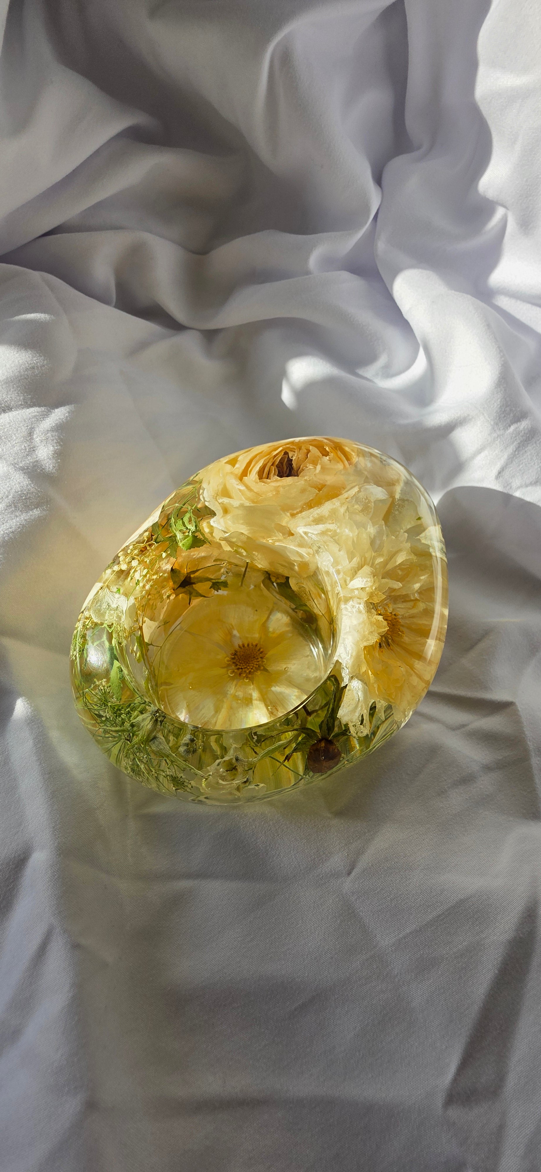 Resin candle holder with preserved flowers set in clear resin, handmade floral keepsake by Alma Makes