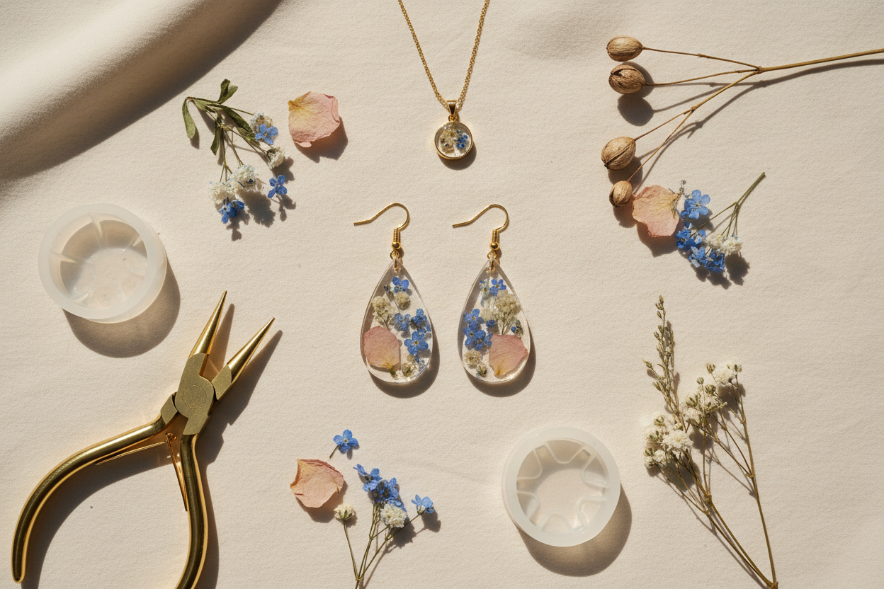 A clean flatlay showing handmade resin earrings and a necklace in gold with dried flowers, styled softly with workshop tools and florals on a neutral background.