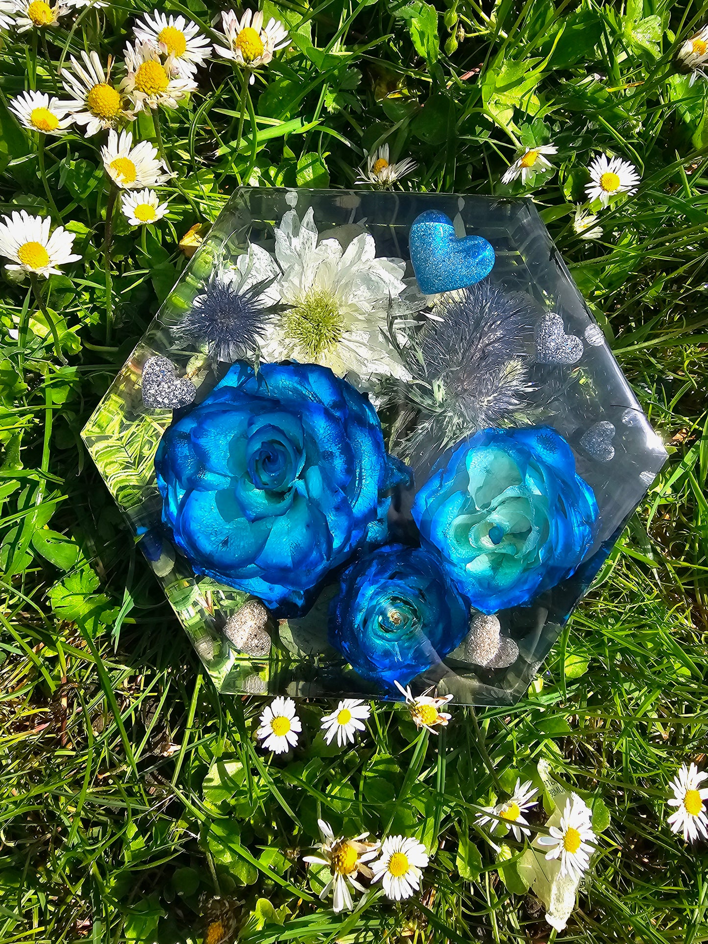 6 x6 Memorial  flowers preserved in a hexagon resin  keepsake with ashes.