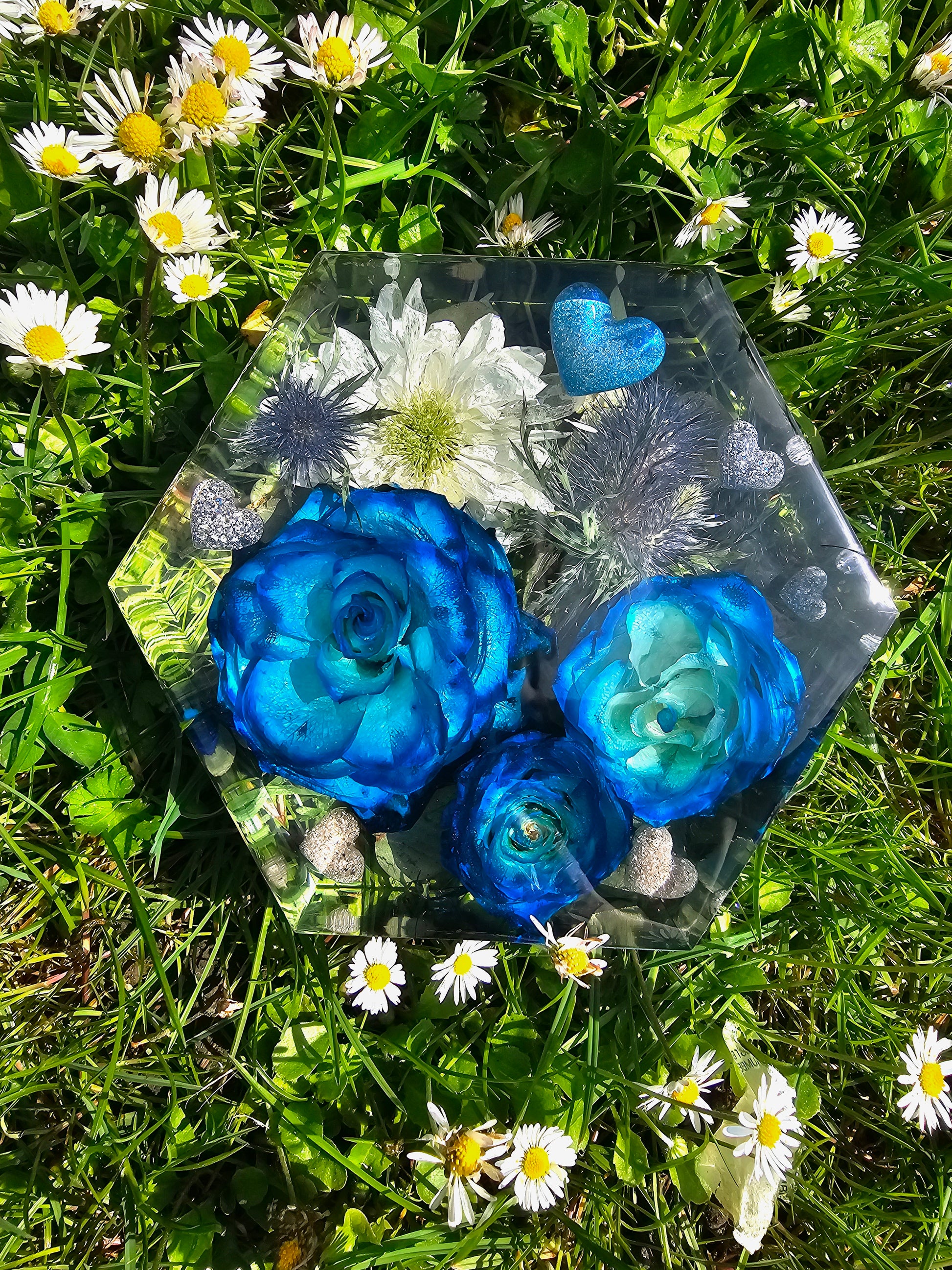 6 x6 Memorial  flowers preserved in a hexagon resin  keepsake with ashes.