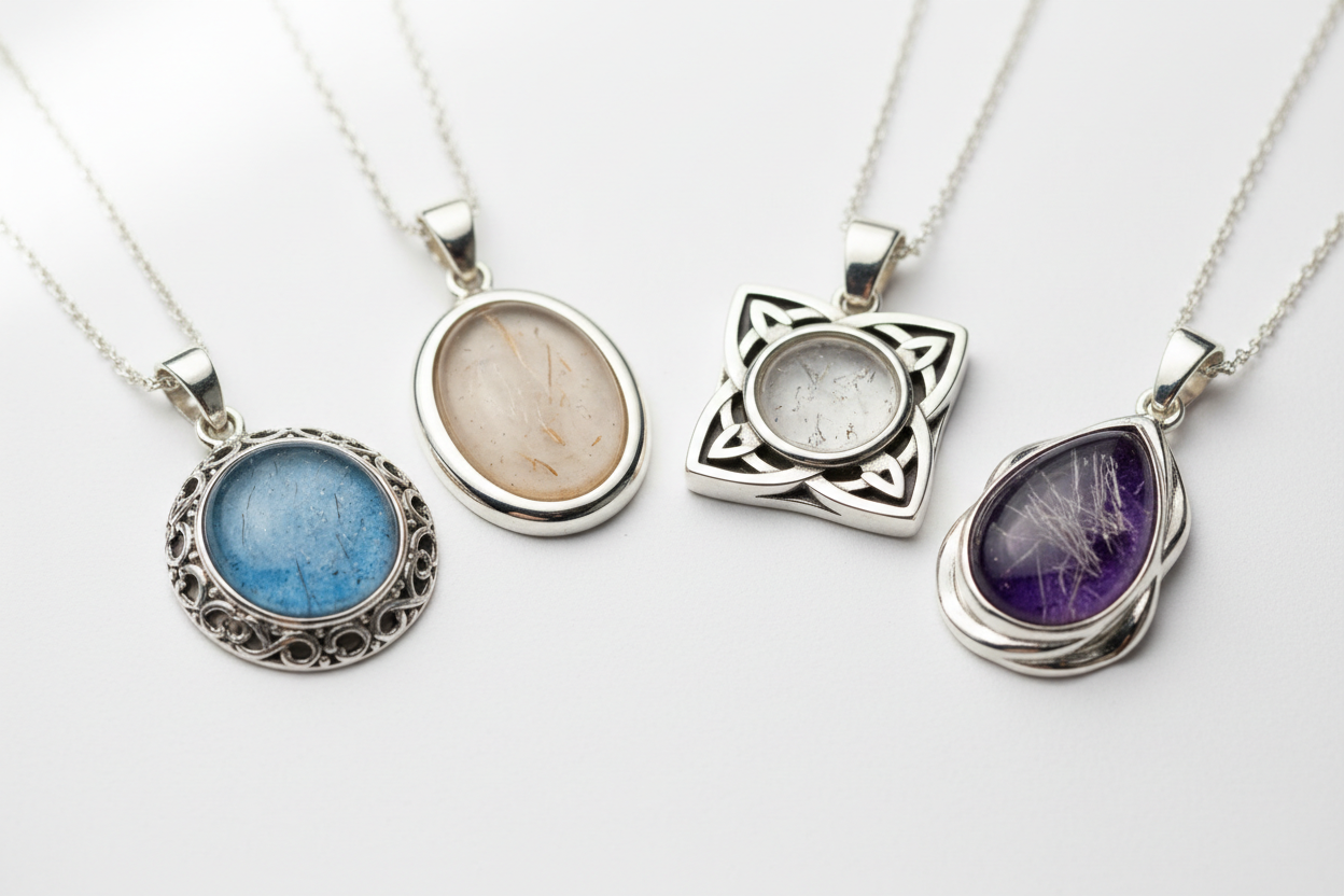 its resin put in the sterling silver round, oval, celtic or teardrop shape pendants
