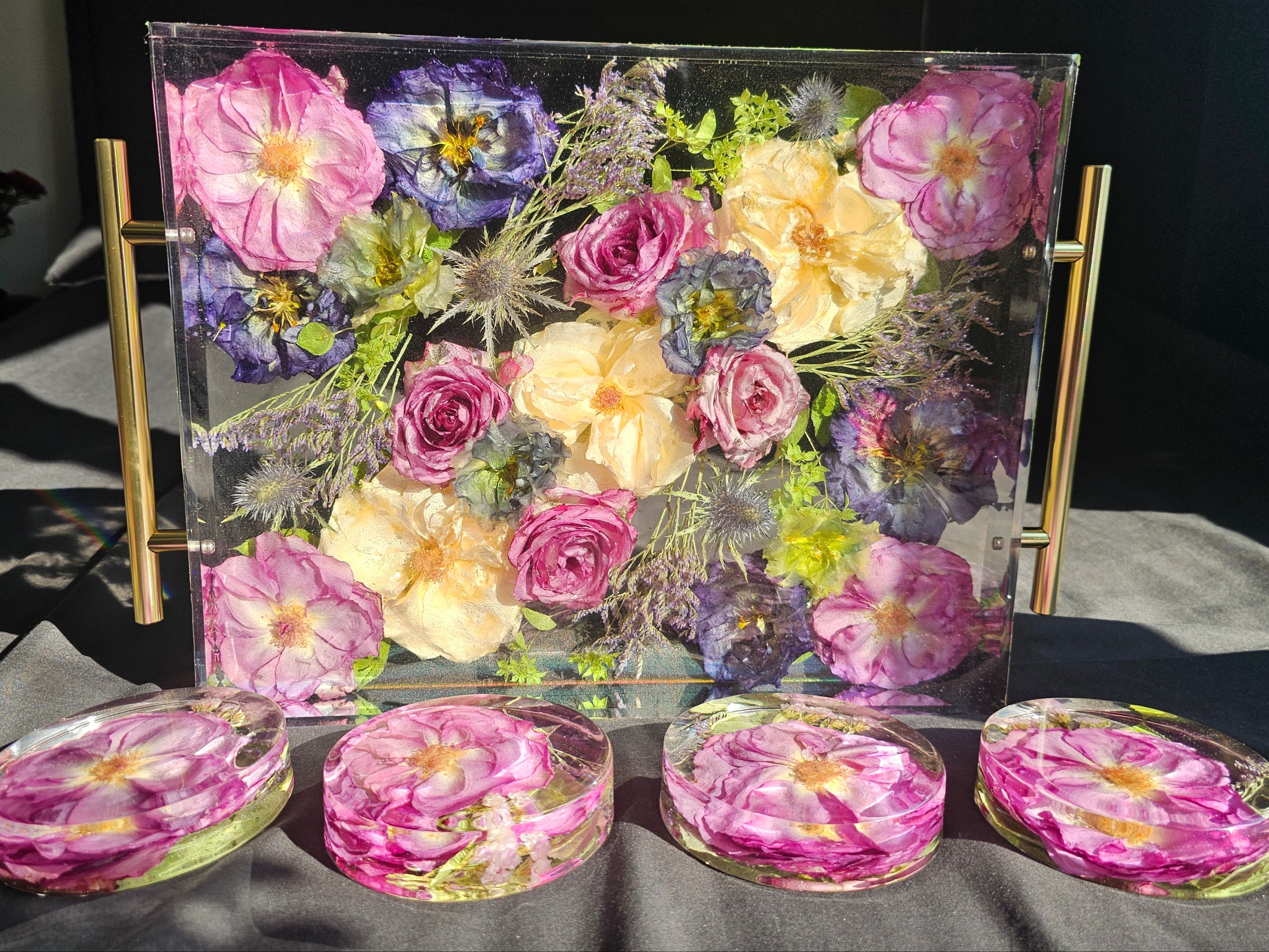 Elegant preserved flower wedding tray with gold handles – handmade keepsake from bridal bouquet by Alma Makes